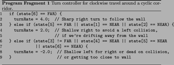 \begin{Program Fragment}
% latex2html id marker 55\listinginput{1}{turn.c}
\ca...
...controller for clockwise travel around a cyclic corridor.}\end{Program Fragment}